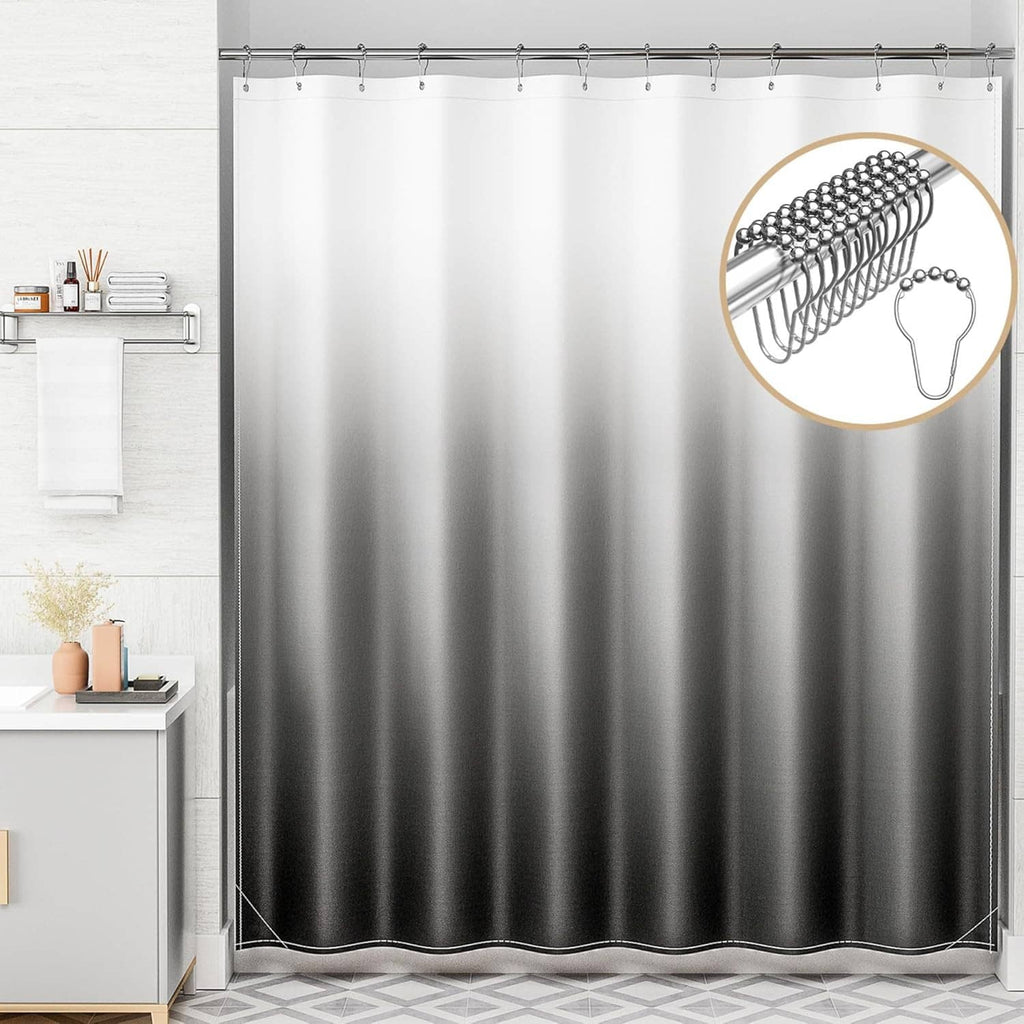 Cloth ombre shower curtain with hook-and-grommet top, white-to-black gradient
