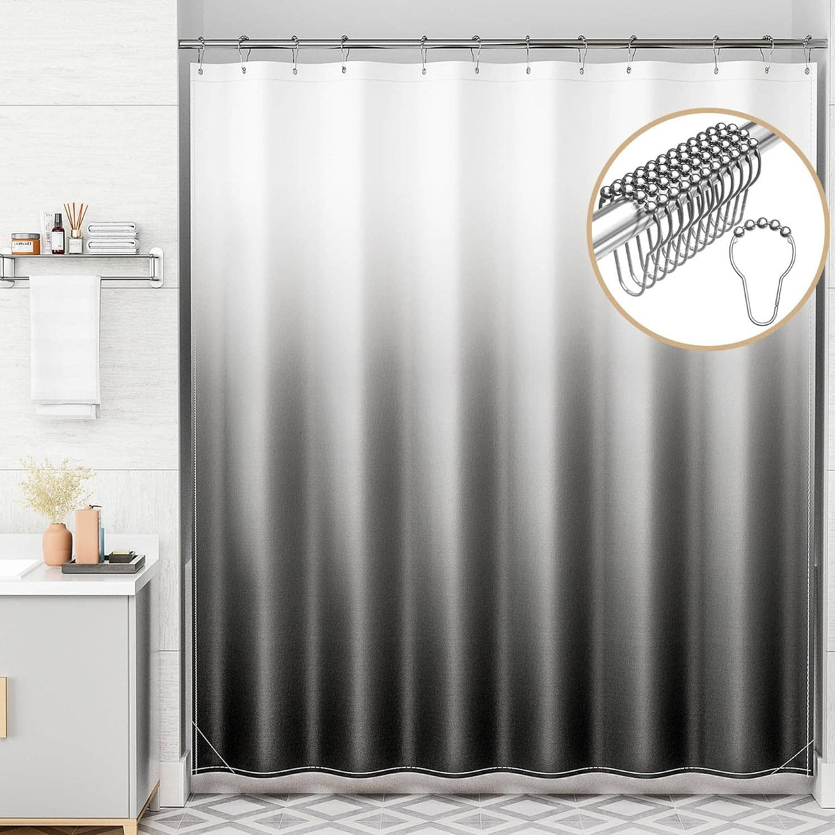 Cloth ombre shower curtain with hook-and-grommet top, white-to-black gradient