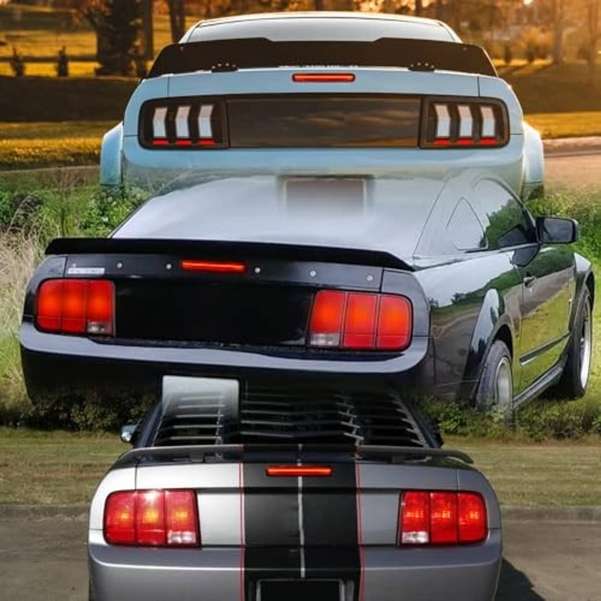 Smoked LED third brake light glowing red on rear trunk panel