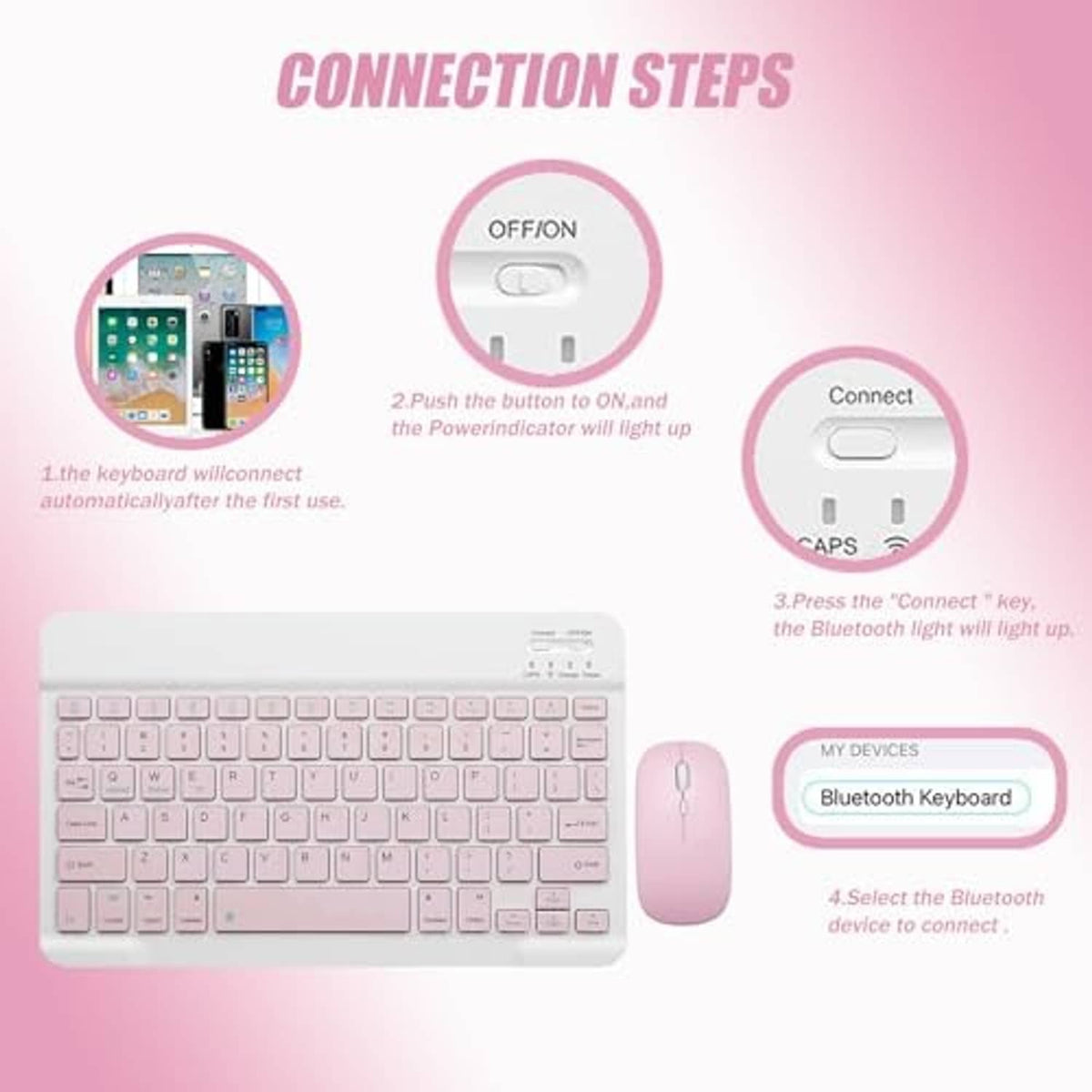 Pink Bluetooth keyboard case connection steps with power and connect buttons diagram