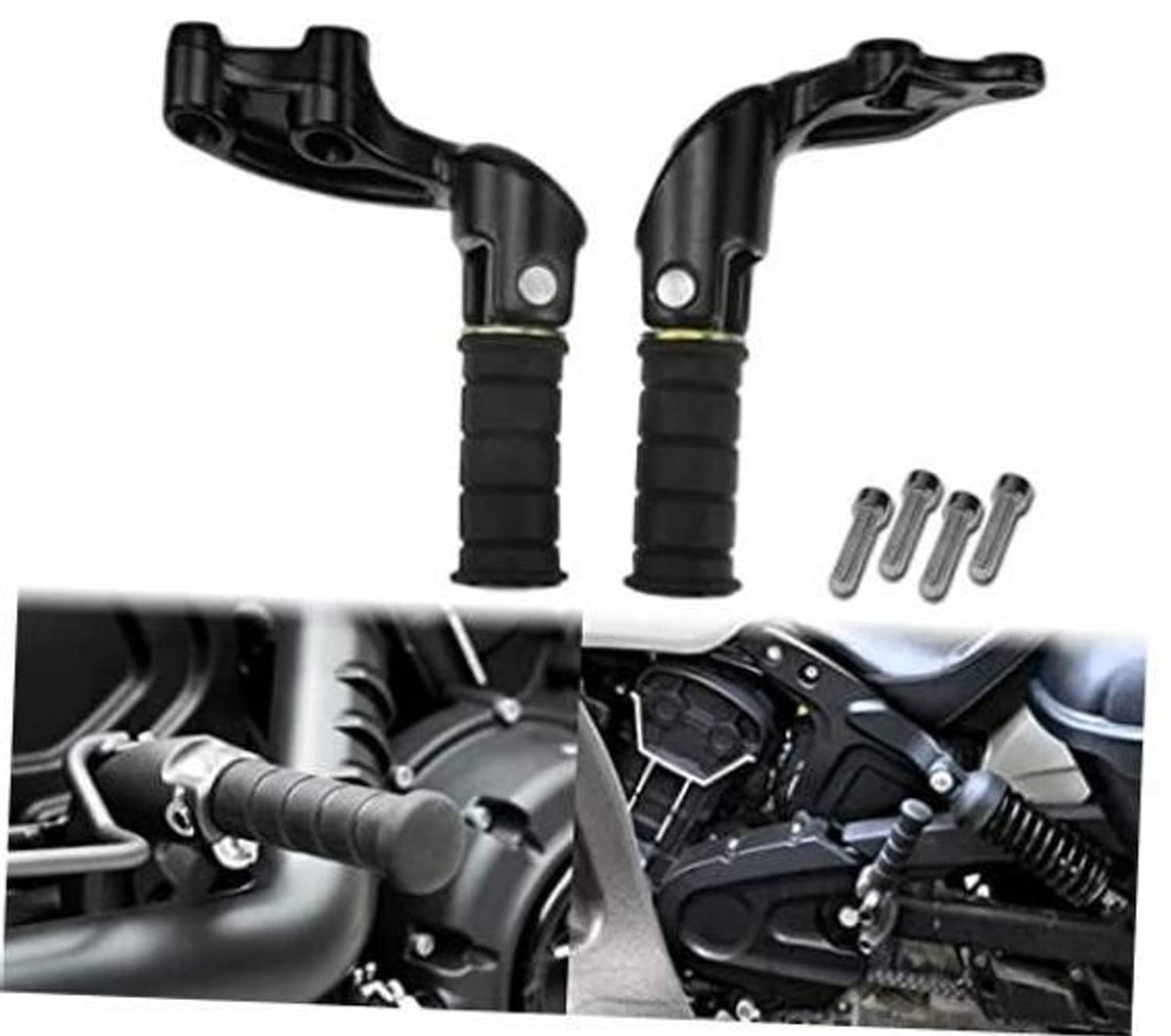 Matte black motorcycle rear passenger foot peg bracket set with mounting screws