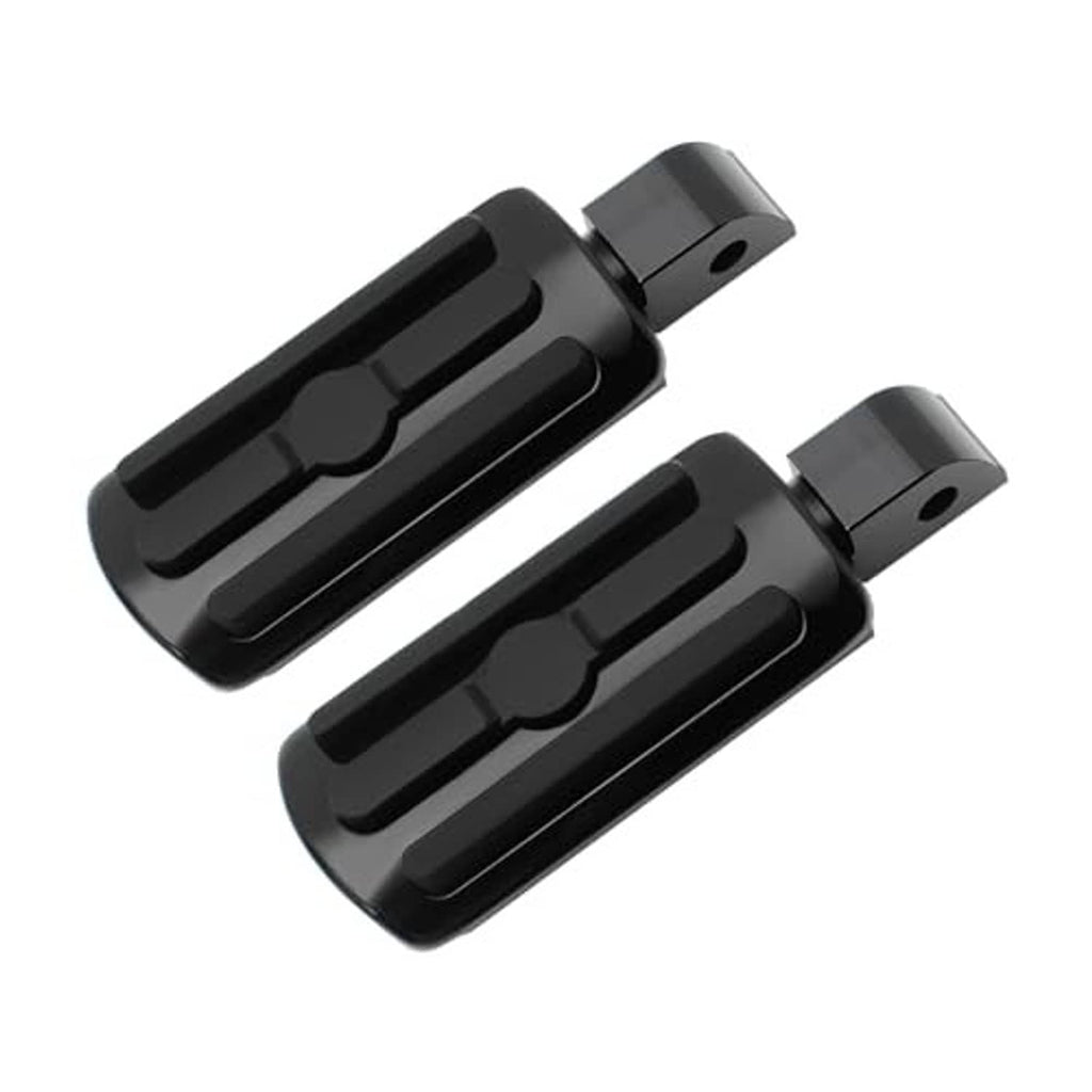 Black motorcycle passenger foot pegs, angled side view, two-piece pair