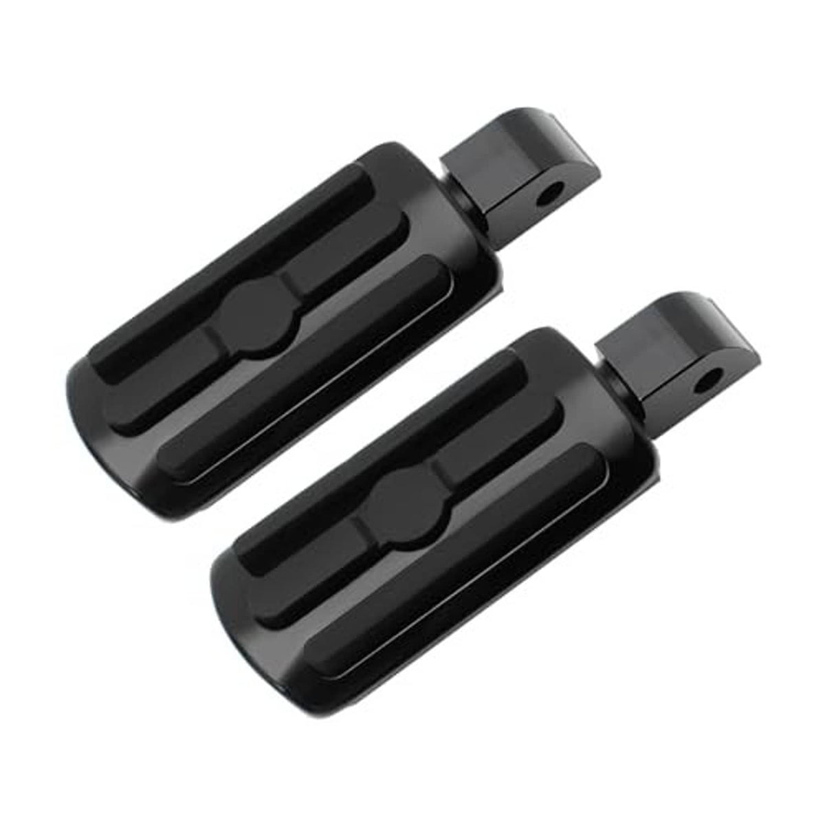Black motorcycle passenger foot pegs, angled side view, two-piece pair