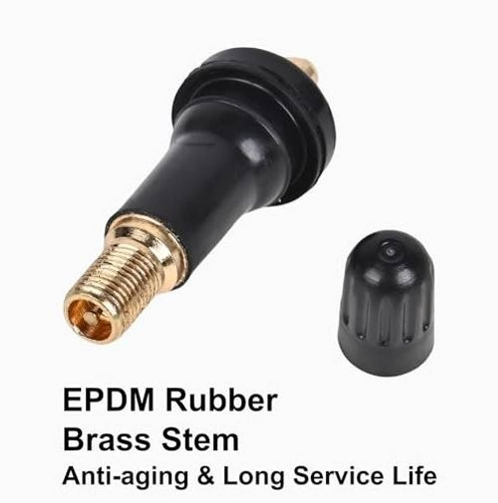 Black tire valve stem with brass stem, rubber cap, and included screw