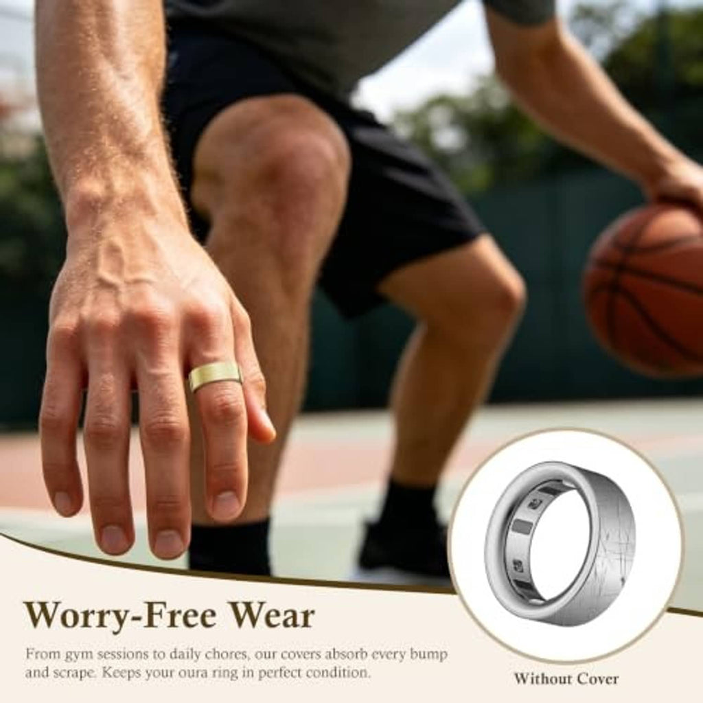 Gold ring cover worn on finger, slim band with gray inner ring