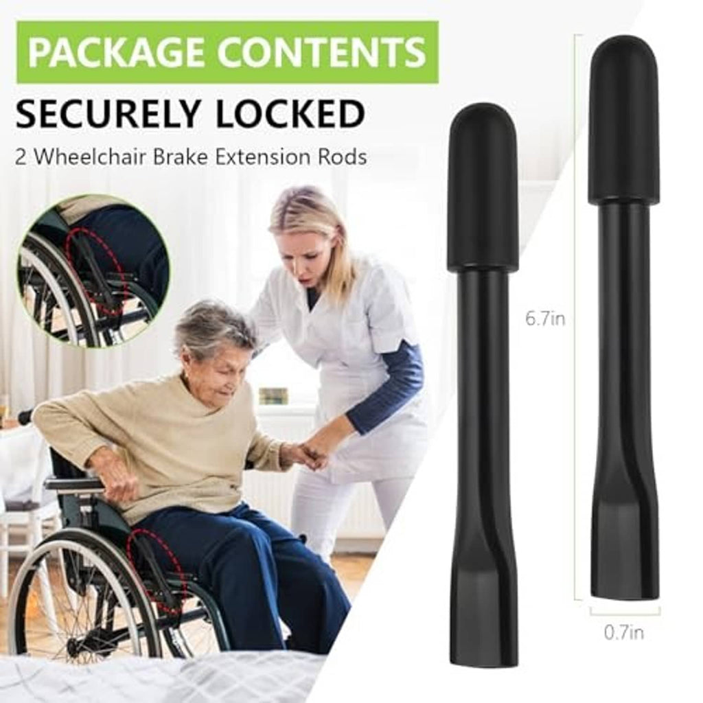 Single black wheelchair brake extender rod, package contents close-up