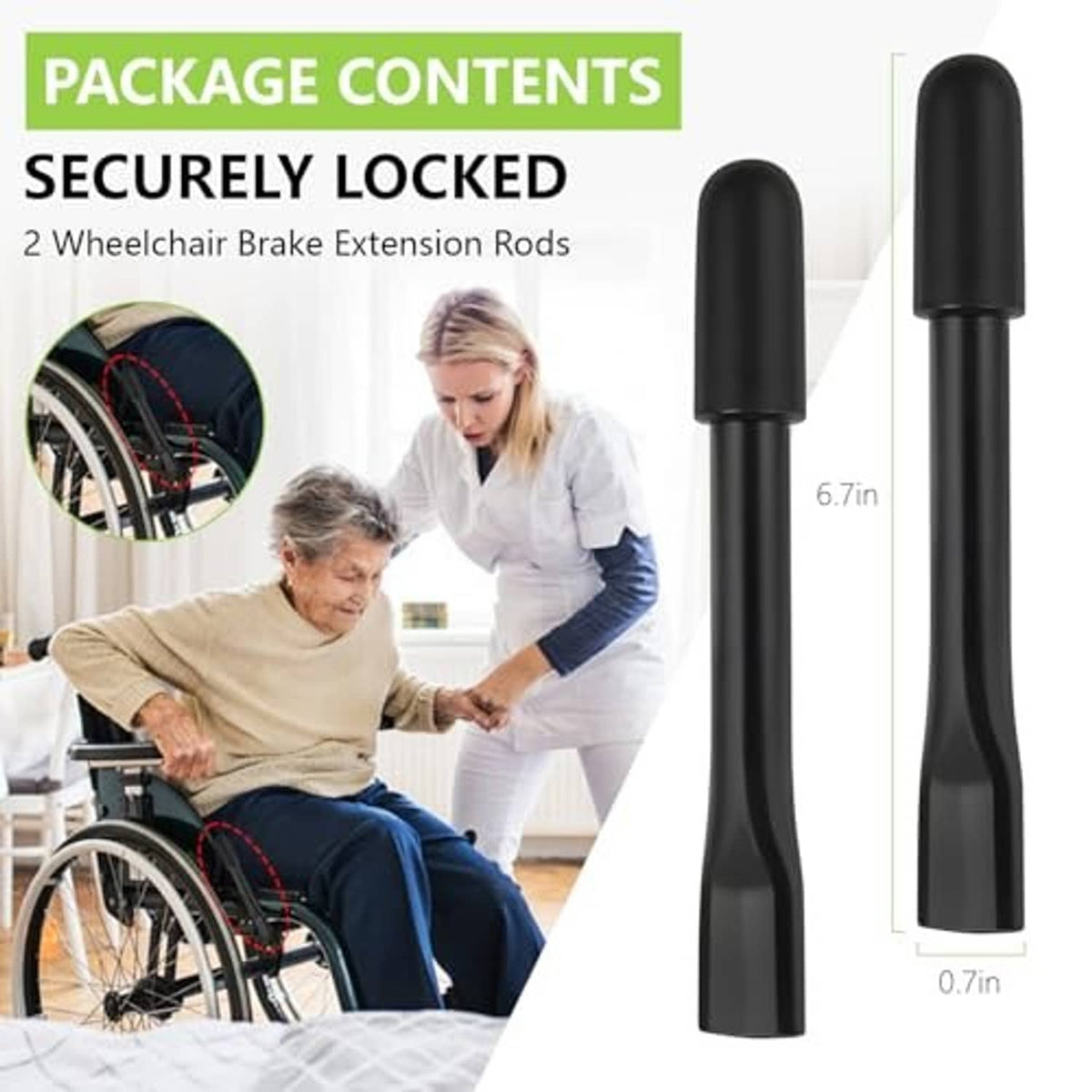 Single black wheelchair brake extender rod, package contents close-up