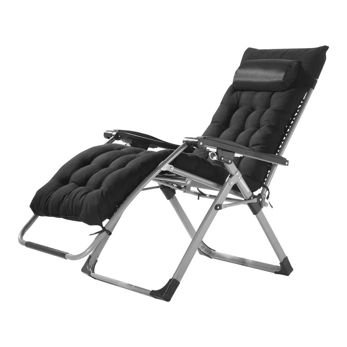 Black zero-gravity recliner chair with padded seat, backrest, and adjustable base