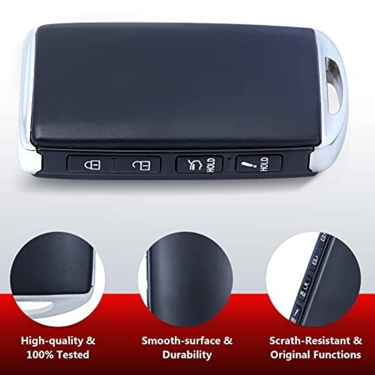 Black key fob case with front button icons on the side edge