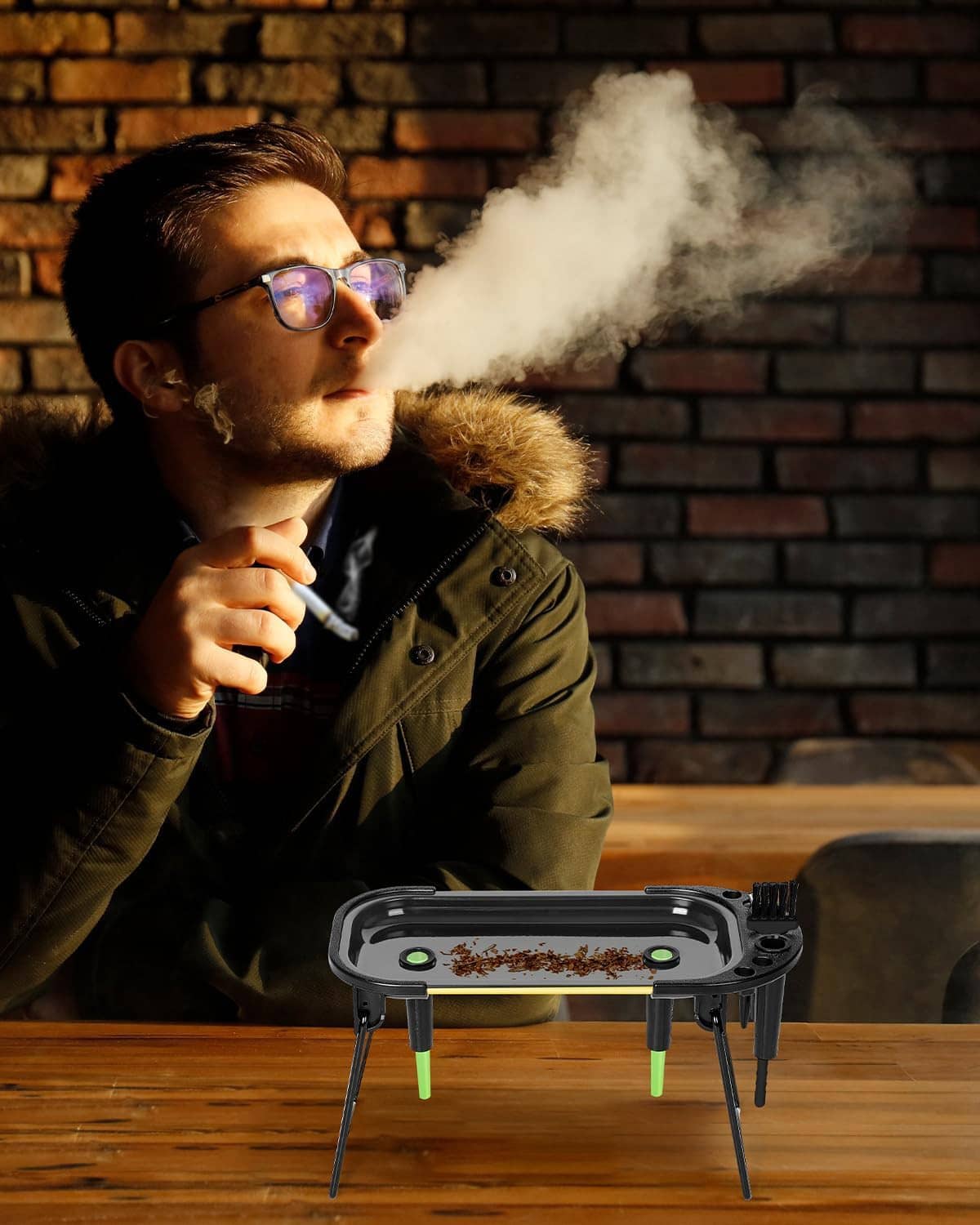 Compact rolling tray set on table with person using the roller