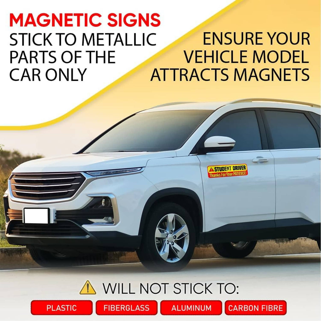 Student Driver magnetic car sign with yellow/red caution icon and “Thanks For Your Patience!”