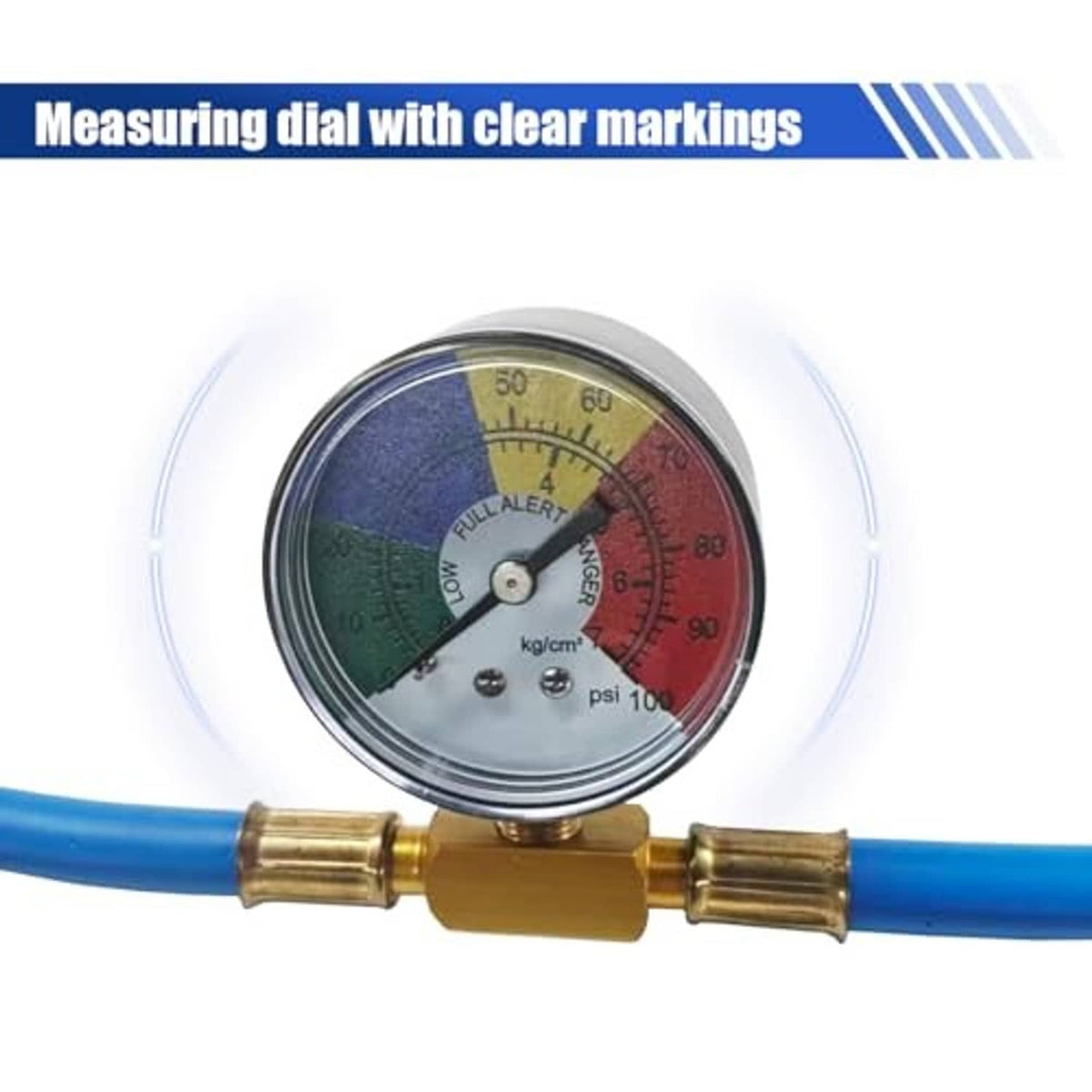 Car AC pressure gauge dial with multi-color markings on charging hose kit