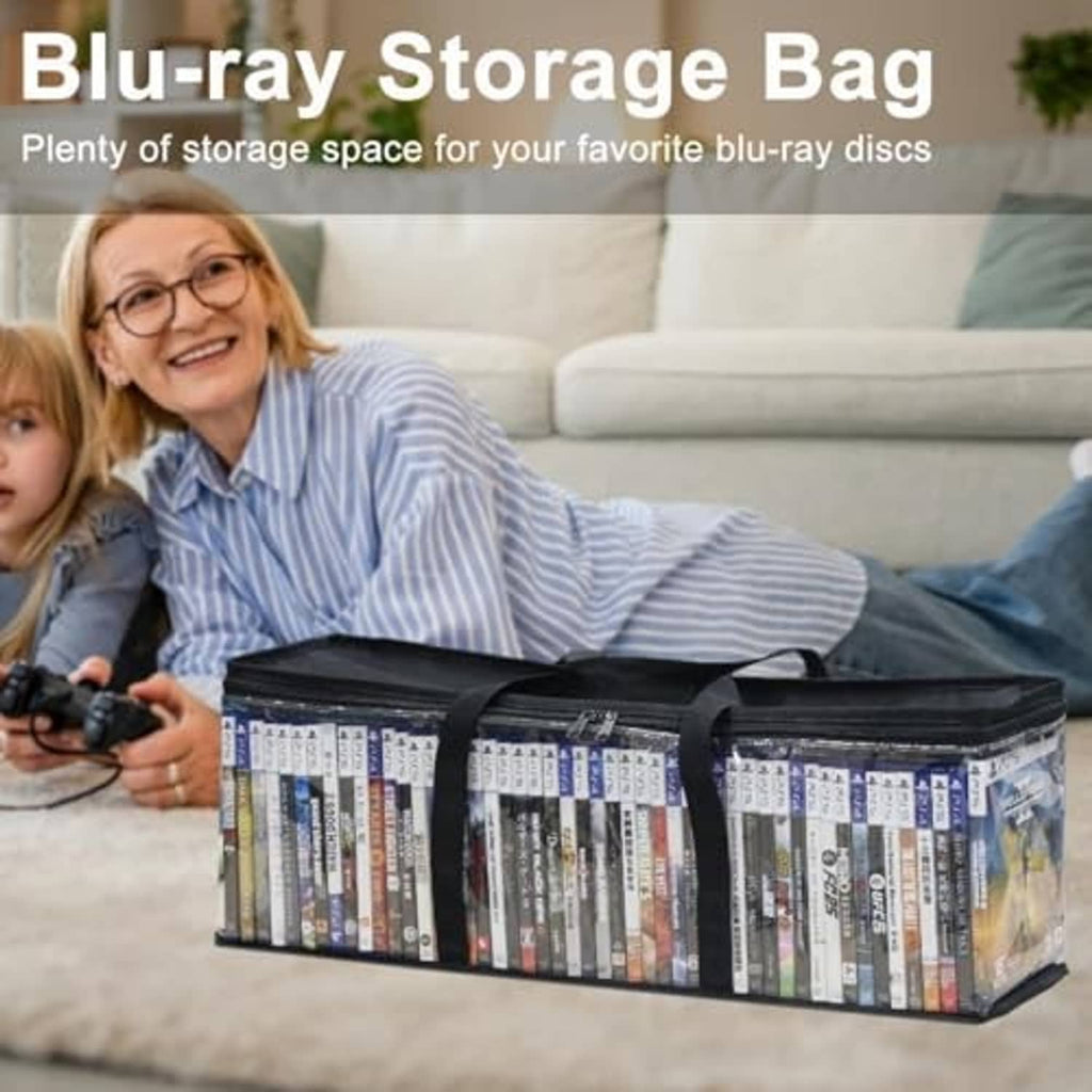 Clear Blu-ray storage bag with black zipper and handles, packed with blu-ray cases