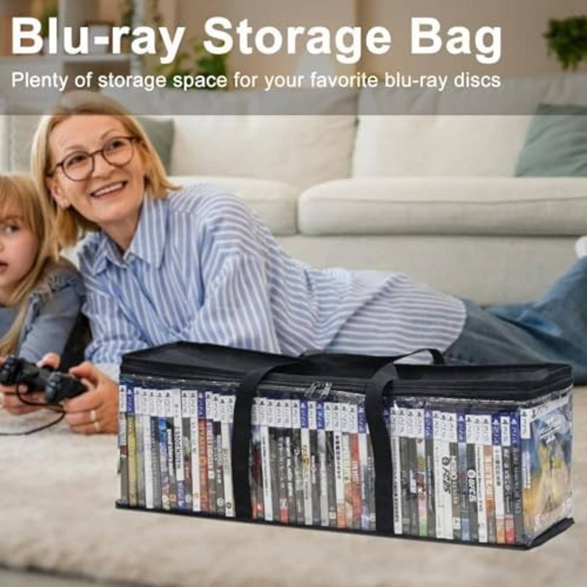 Clear Blu-ray storage bag with black zipper and handles, packed with blu-ray cases