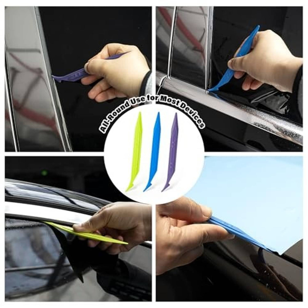Hand tucks vinyl wrap along a car trim edge using a purple double-edge tool