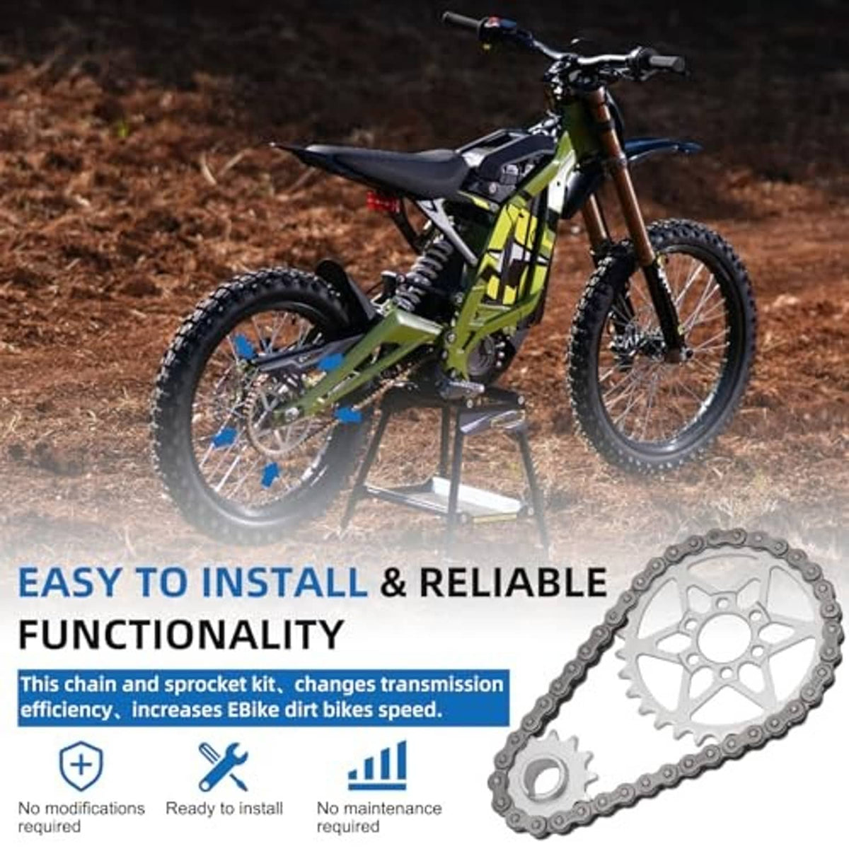 Chain and sprocket kit with small front gear, large rear gear, and connecting roller links