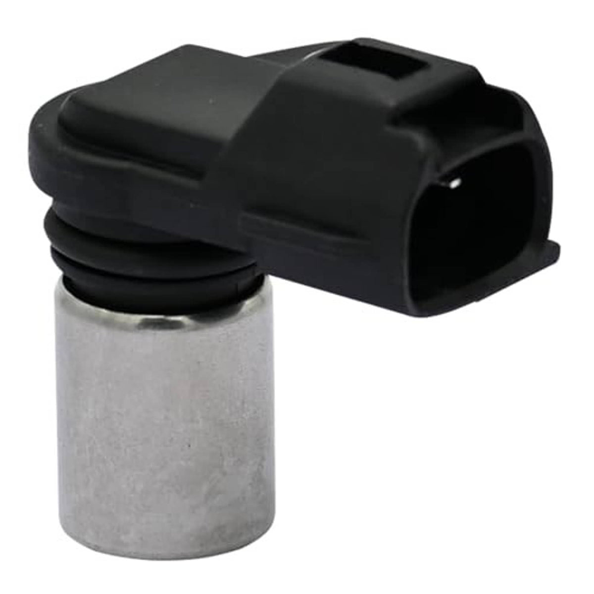 Camshaft position sensor with black plug and cable connector on metal cylinder