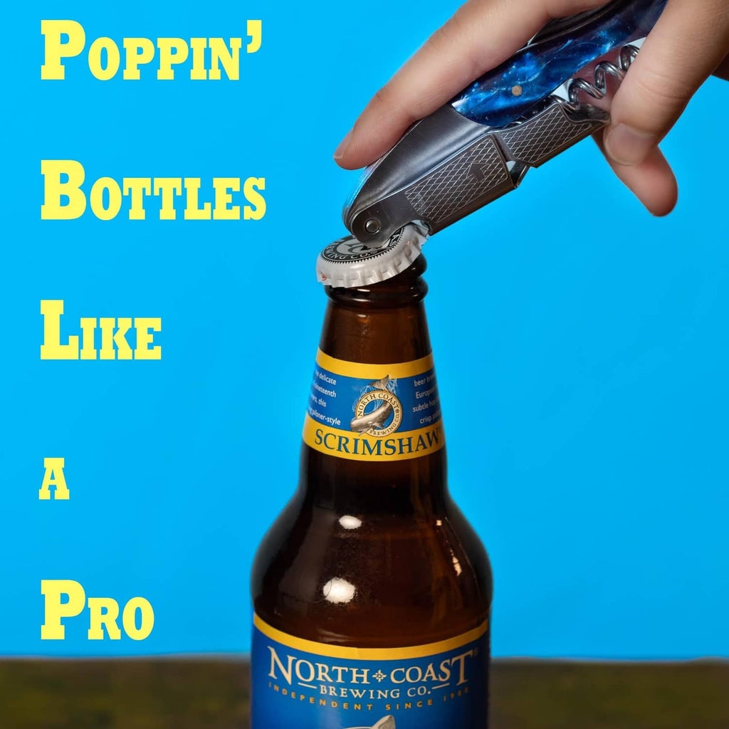 Blue-handled stainless corkscrew held over a wine bottle opening