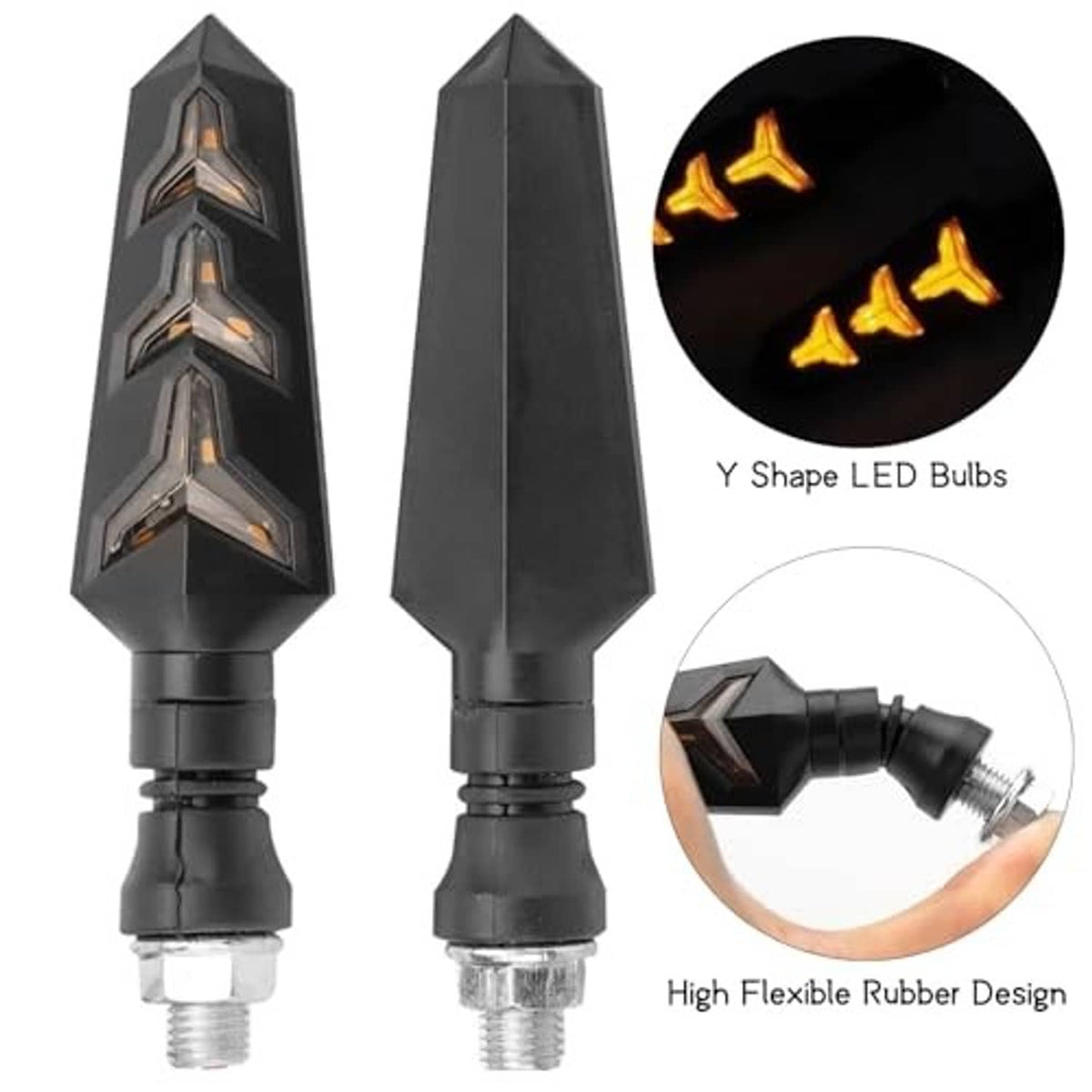 Two black Y-shape LED bulbs with metal screw base; flexible rubber design, inset close-up