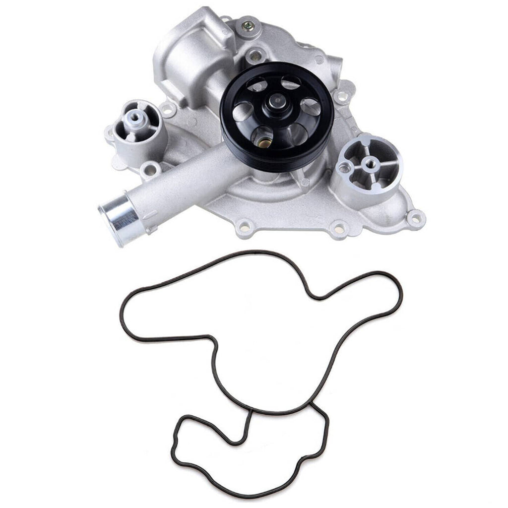 Water pump assembly with black pulley and included black gasket on silver housing
