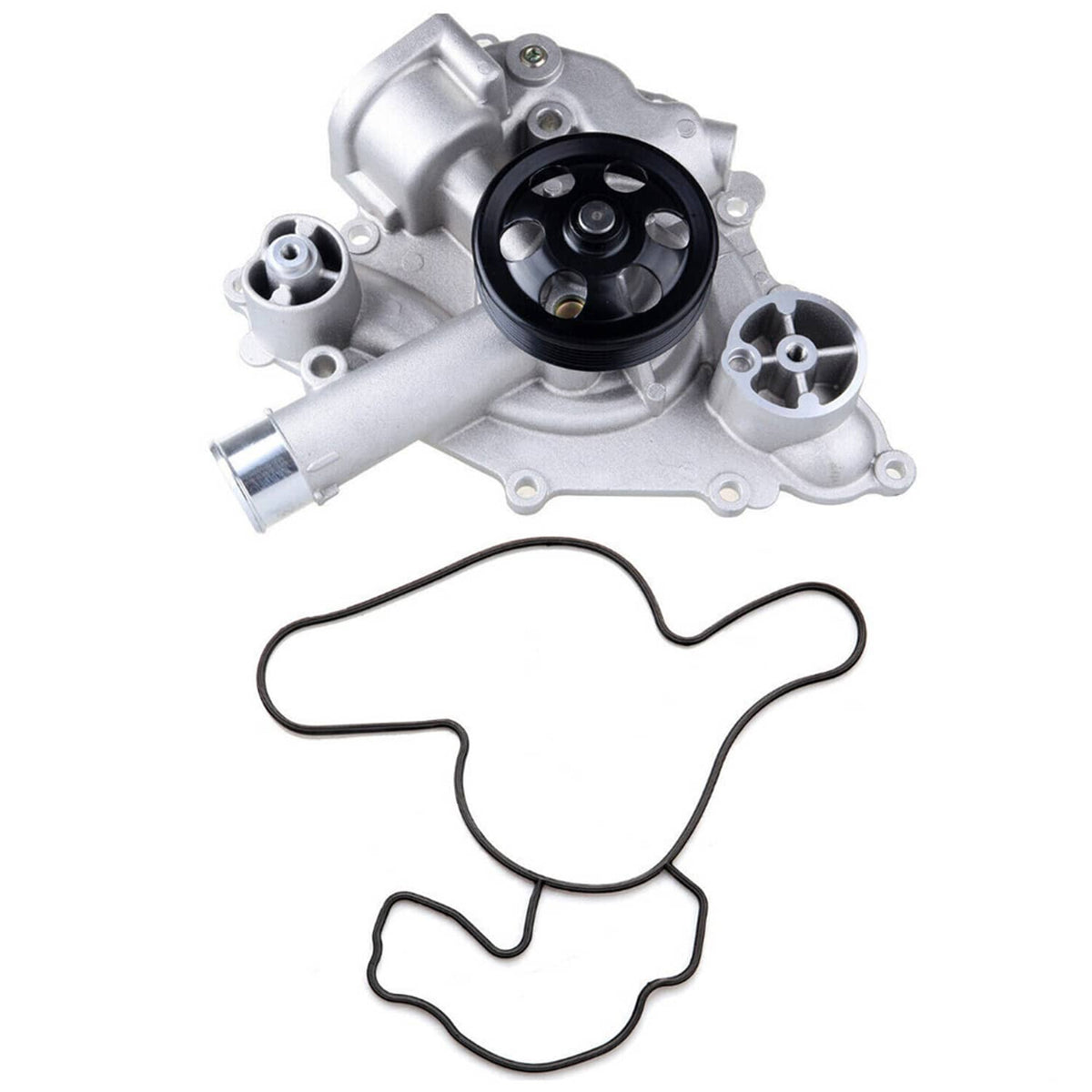 Water pump assembly with black pulley and included black gasket on silver housing