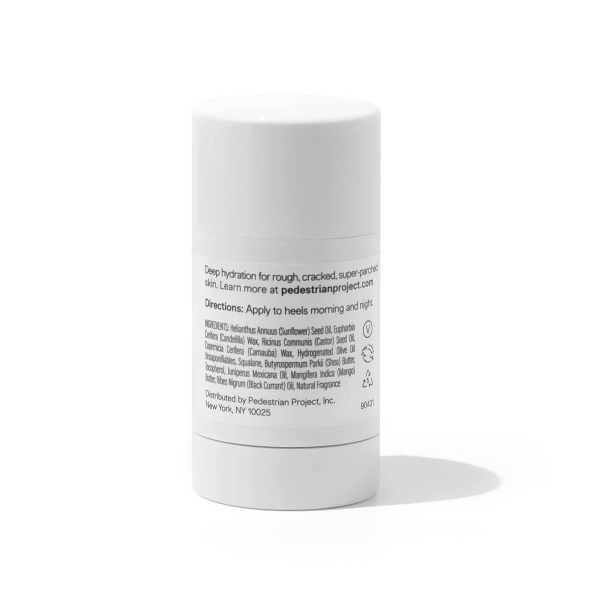Pedestrian Project cracked heel repair balm bottle with back label text, white cap