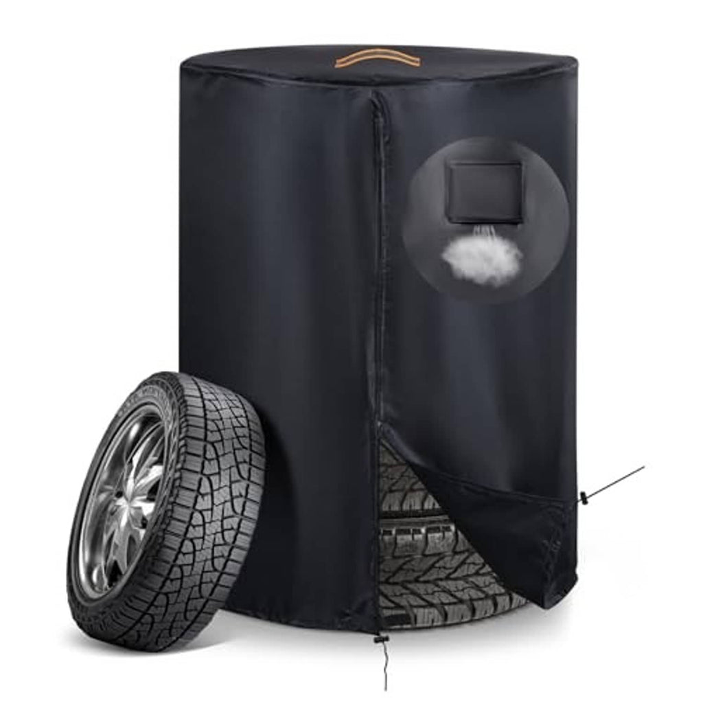 Black waterproof tire storage cover with side access panel and standing form