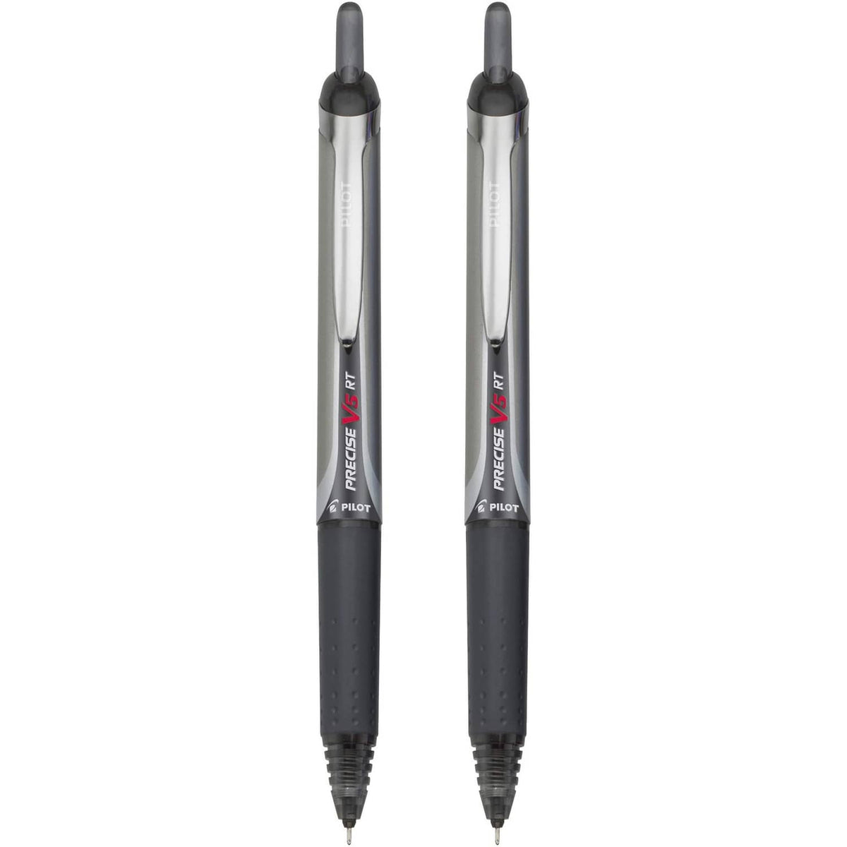 Retractable rolling ball pens, two black barrels with clear grip and metal tip