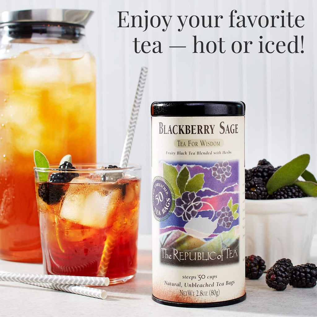 Blackberry Sage tea canister with iced tea in a glass and fresh blackberries