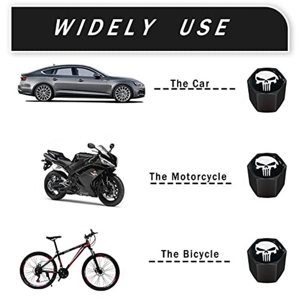 Skull tire valve stem caps for car, motorcycle, and bicycle; black hex caps with emblem