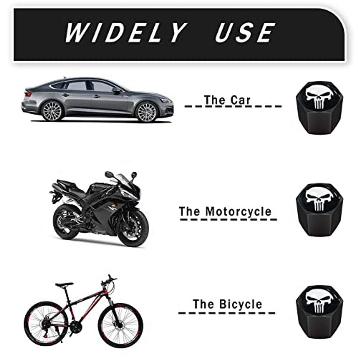 Skull tire valve stem caps for car, motorcycle, and bicycle; black hex caps with emblem