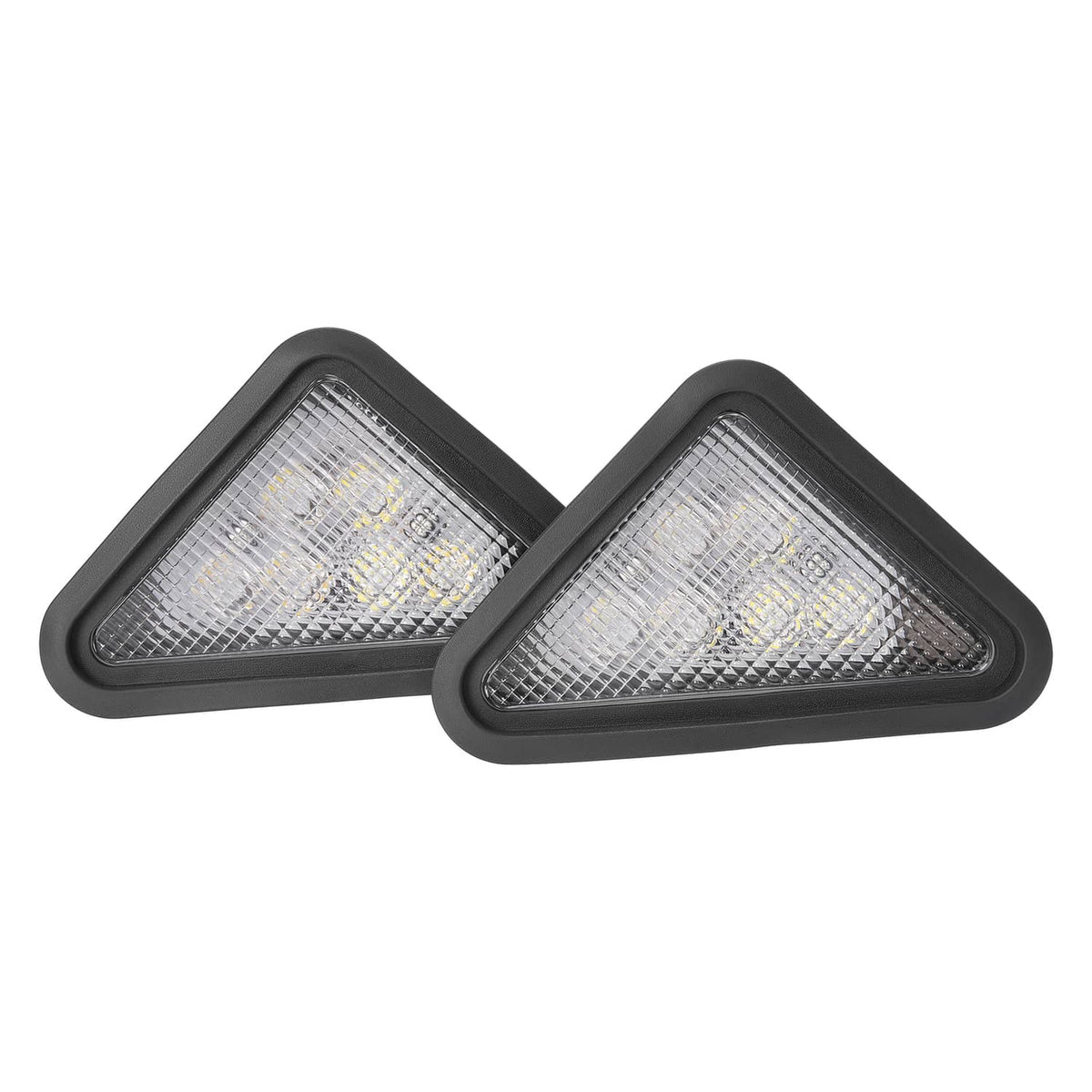Two LED triangular white clearance lamps with black textured housings
