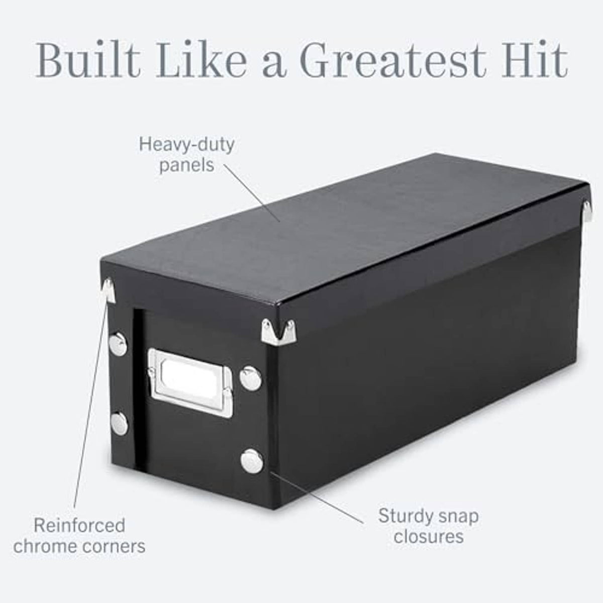 Black CD storage case with metal corner reinforcements and snap closure