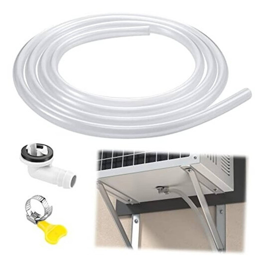 White 10ft AC drain hose with straight outlet connector, coiled for air conditioner
