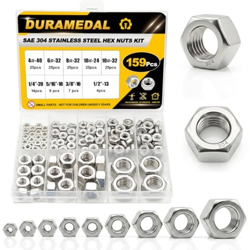 DuramEDAL SAE 304 stainless hex nuts kit, 159 pcs assorted nuts with display tray