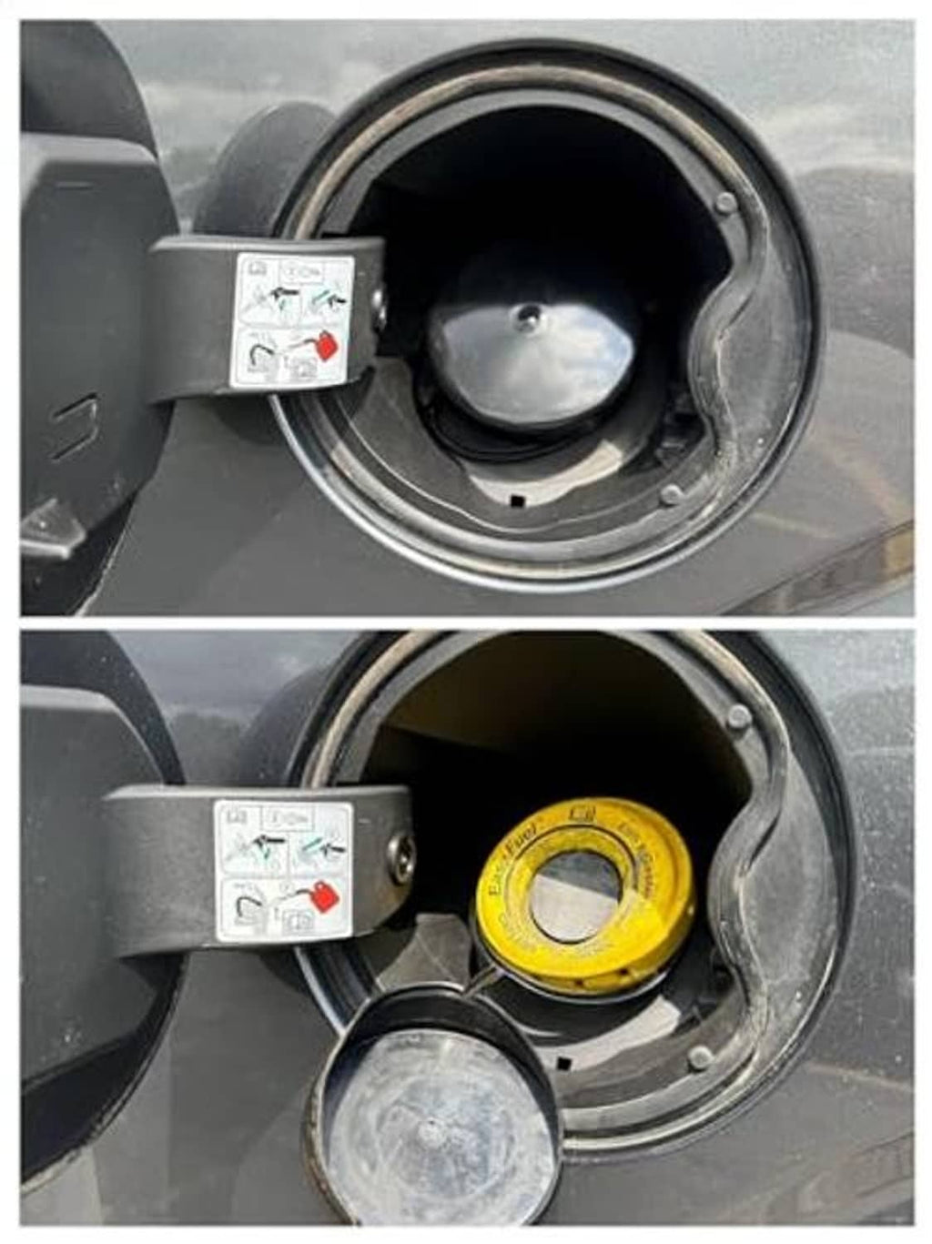 Fuel filler opening showing tethered dirt cover and circular capless seal