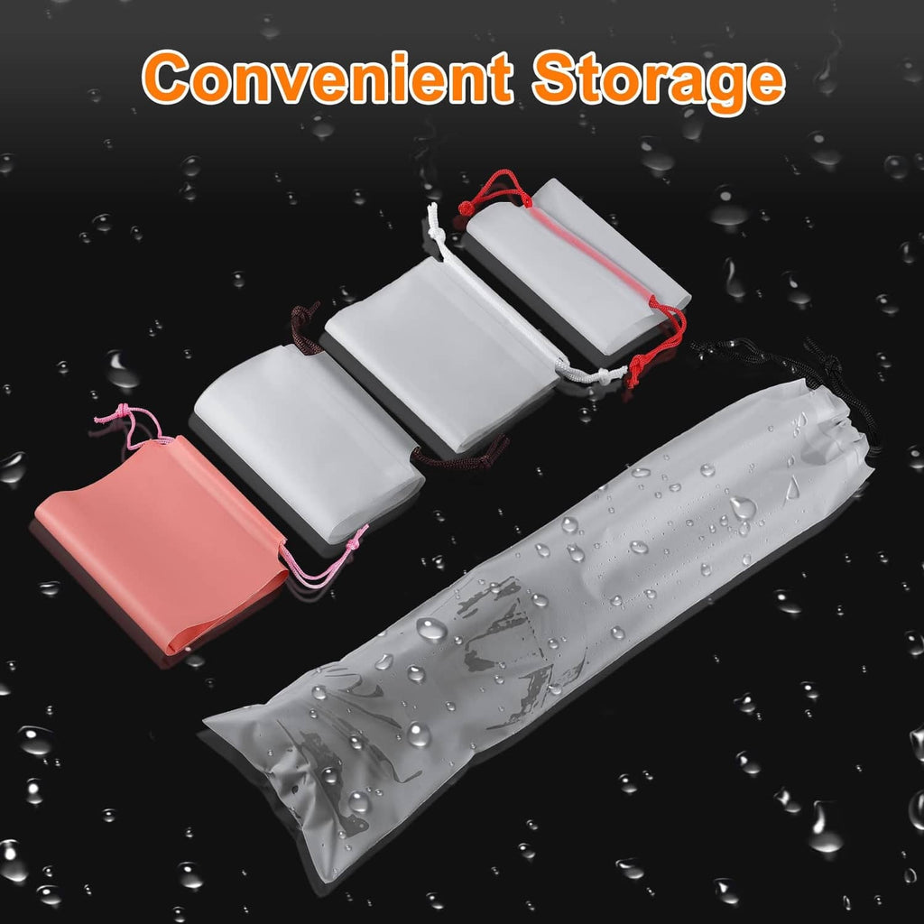 Waterproof umbrella sleeve bags with drawstring, stacked on wet surface