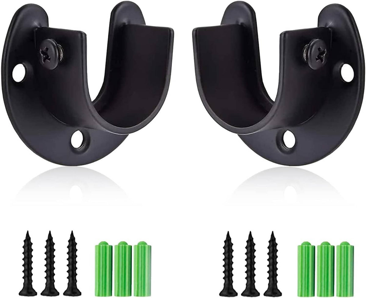 Two-pack black closet rod brackets with U-shaped cutout and screw-mount holes