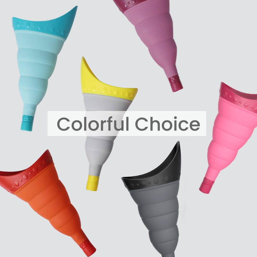 Assorted foldable female urinal devices in multiple colors