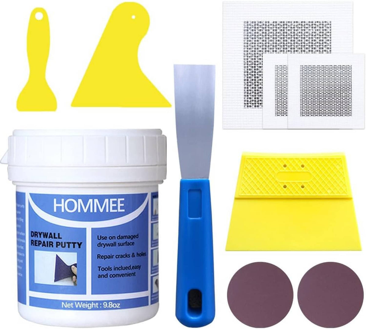 Drywall repair kit set: HOMMEE putty tub, blue spreader, yellow patches, mesh sheets, round discs