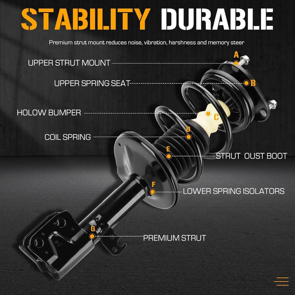 Automotive strut assembly with black coil springs, strut boot, and mounting components