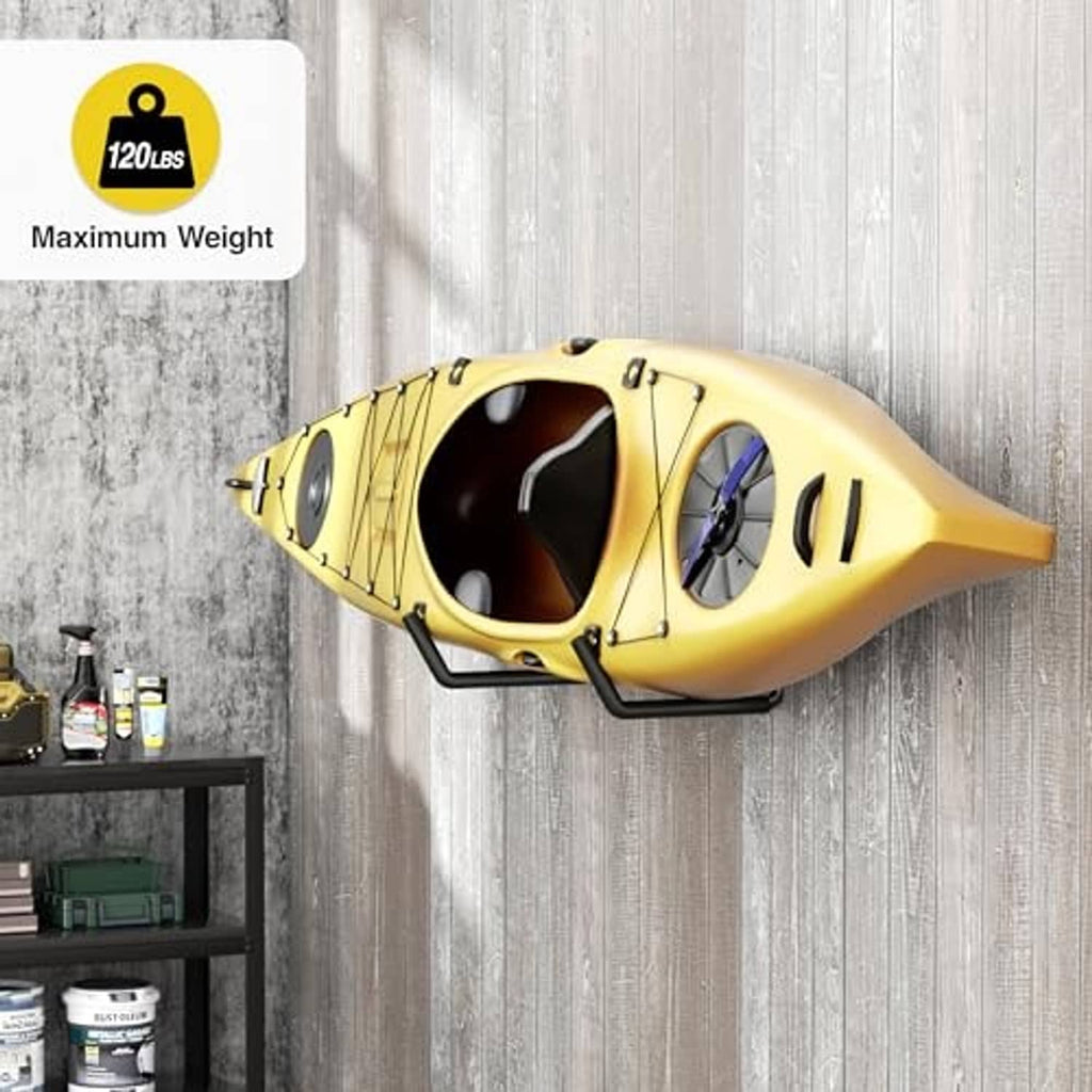 Black wall storage hooks holding a yellow kayak with 120 lb max weight badge