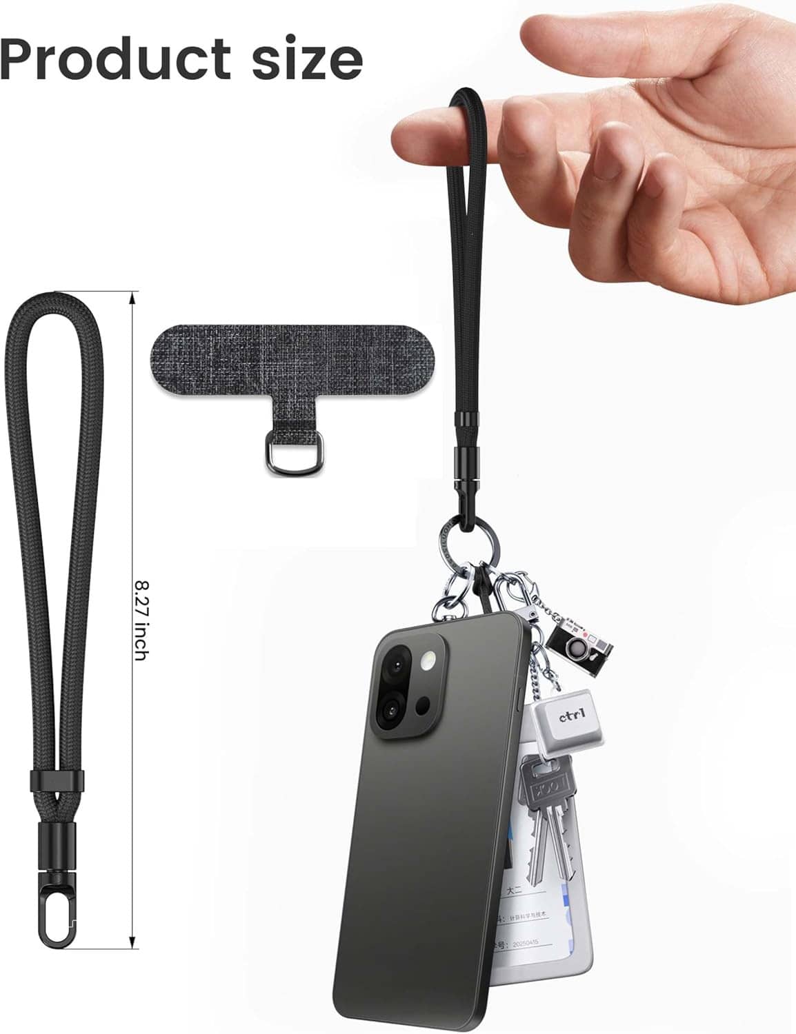 Black phone lanyard with adjustable strap and metal hook; size diagram with clips