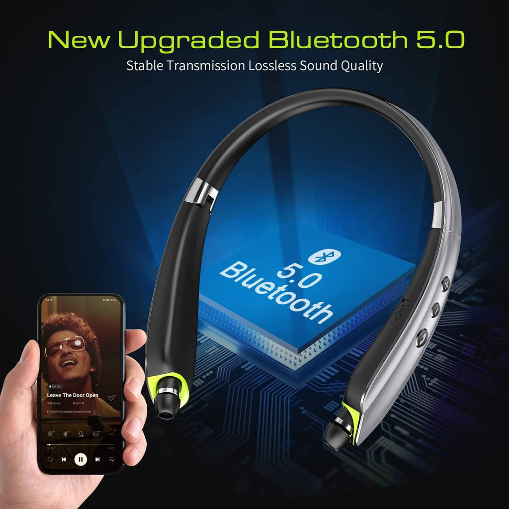 Grey neckband Bluetooth headset with green accents and controls, shown with phone nearby.