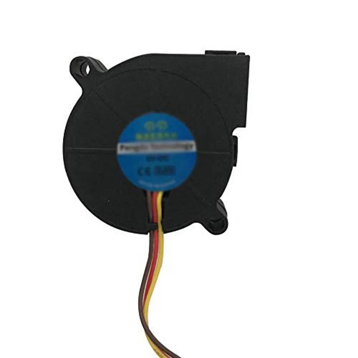 Black DC blower fan with blue center label and attached multicolor wires