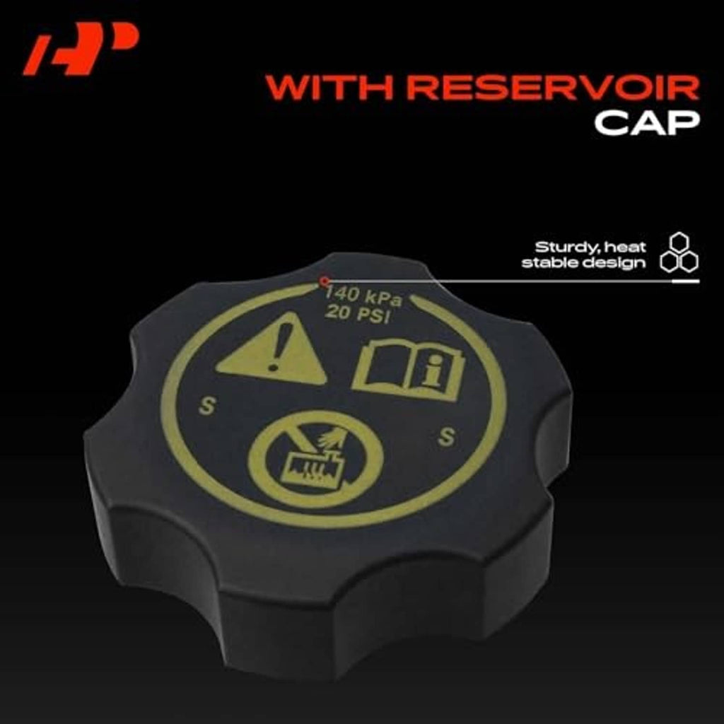Coolant reservoir tank with reservoir cap, showing yellow pressure label on black cap