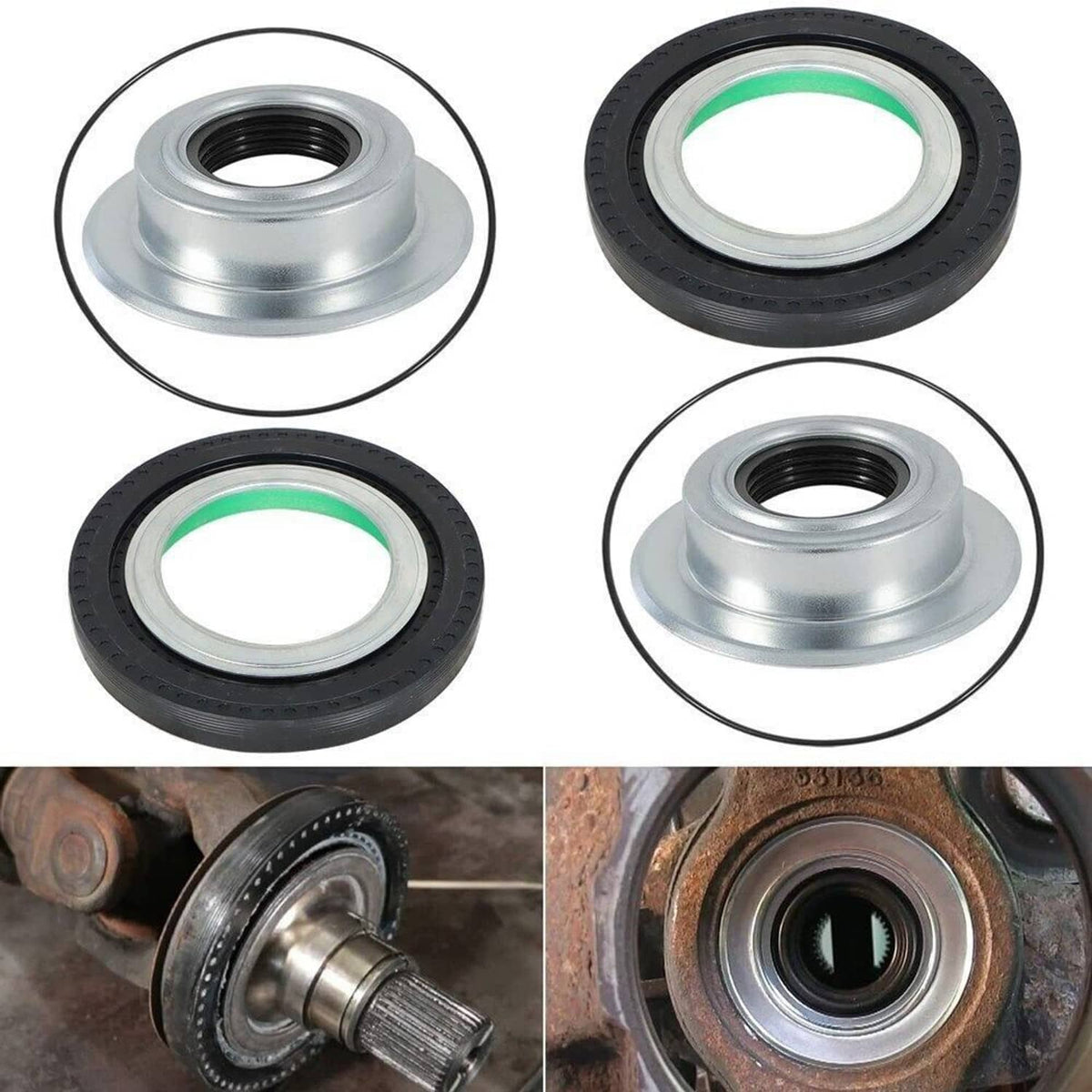 Front axle seal and greaseable U-joint kit with four rubber seal rings and metal caps