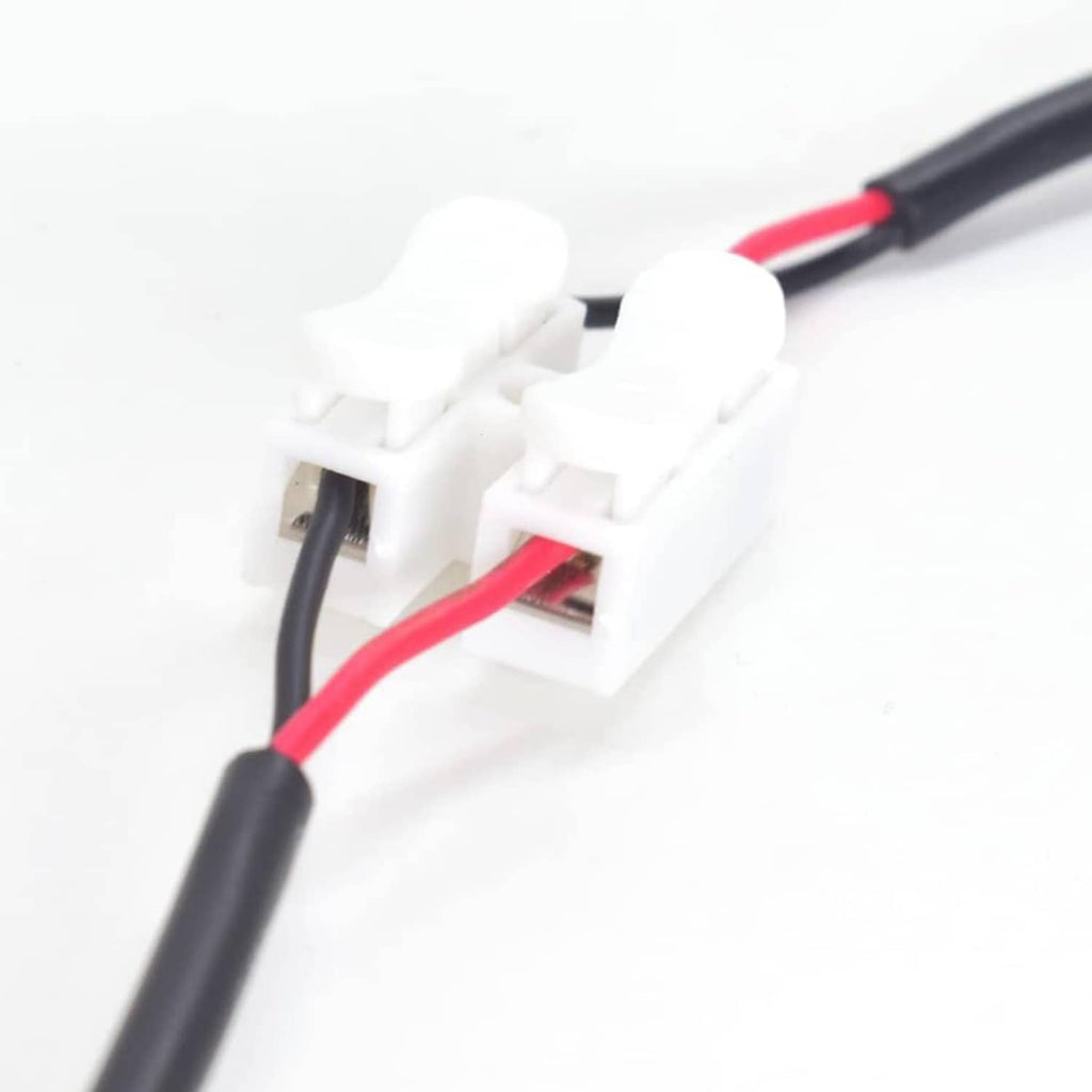 White 2-pin housing connector on USB pigtail cable with red and black wires.