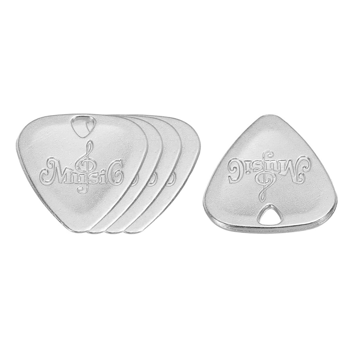 Metal guitar picks, silver tone, triangular shape with heart-and-caduceus engraving