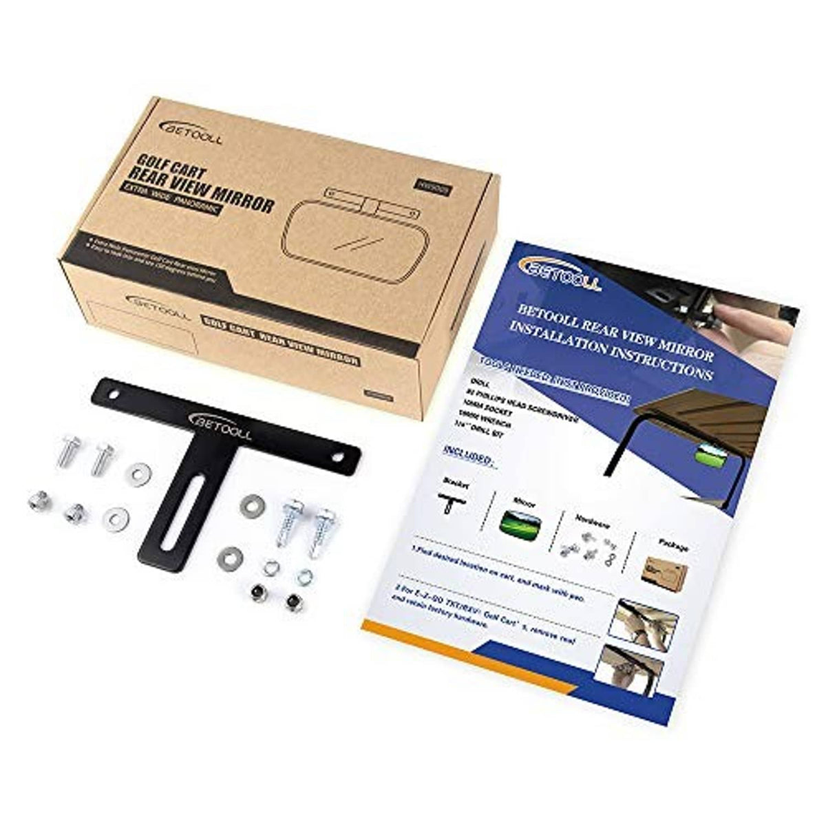 Golf cart rear-view mirror kit with black mirror, iron bracket, and hardware parts